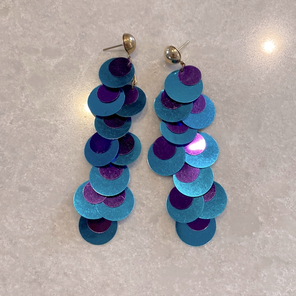 Peacock earrings - sequin blue/ purple, gold posts